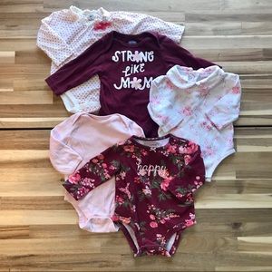 Girls Pink & Burgundy Long Sleeve Onesies Sz 6 Mo